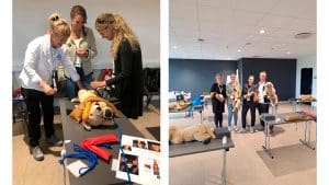 Veterinærsygeplejerske Liselotte Nielsen underviste i håndfri lejring af dyr. På billedet ses det undervisningsmateriale, som hun selv havde udviklet til kurset.